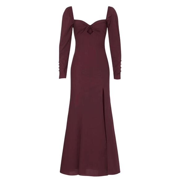 NWT Staud Josephine Cut-Out Maxi Dress Leg Slit Sweetheart Long Sleeve Plum SZ 4 - Picture 3 of 14